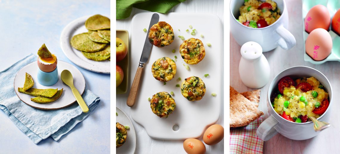 Three back to school breakfast egg recipes: dip dip chickpea and carrot pancakes, cheesy apple and spinach egg muffins and egg in a mug