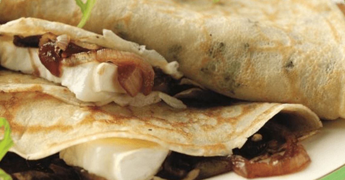 Thyme pancakes filled with caramelised onion chutney and goats cheese
