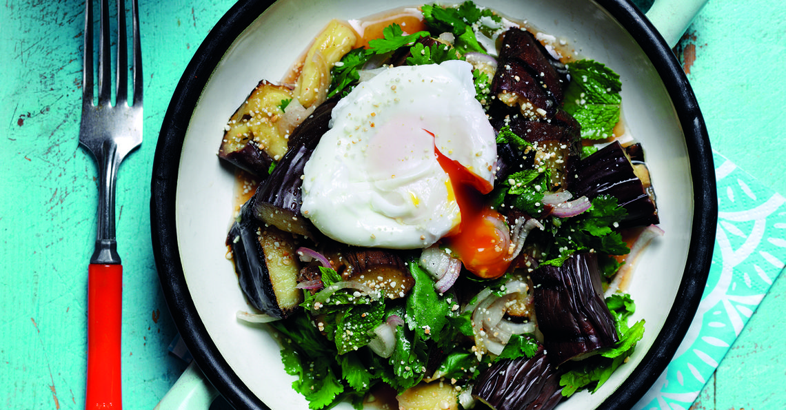 Egg-topped smokey aubergine salad