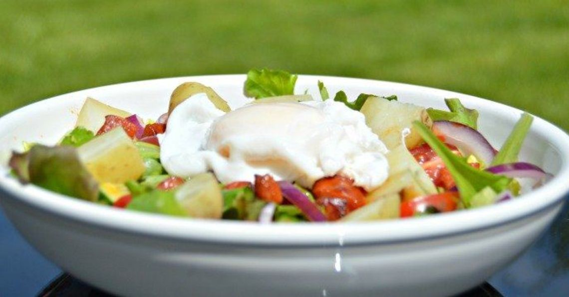 Warm egg and chorizo salad