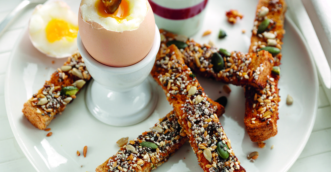 Crunchy seeded soldiers and soft boiled eggs