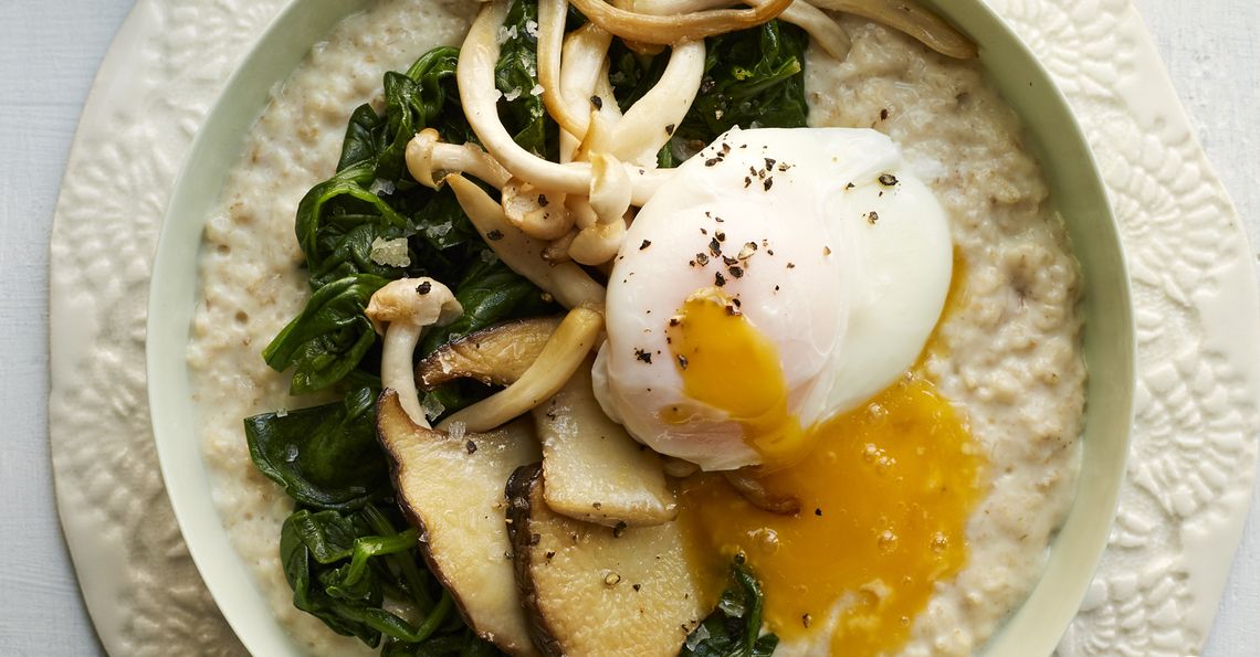Savoury miso porridge with a poached egg and mushrooms