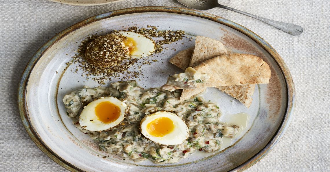 Aubergine yoghurt with spice-crusted eggs