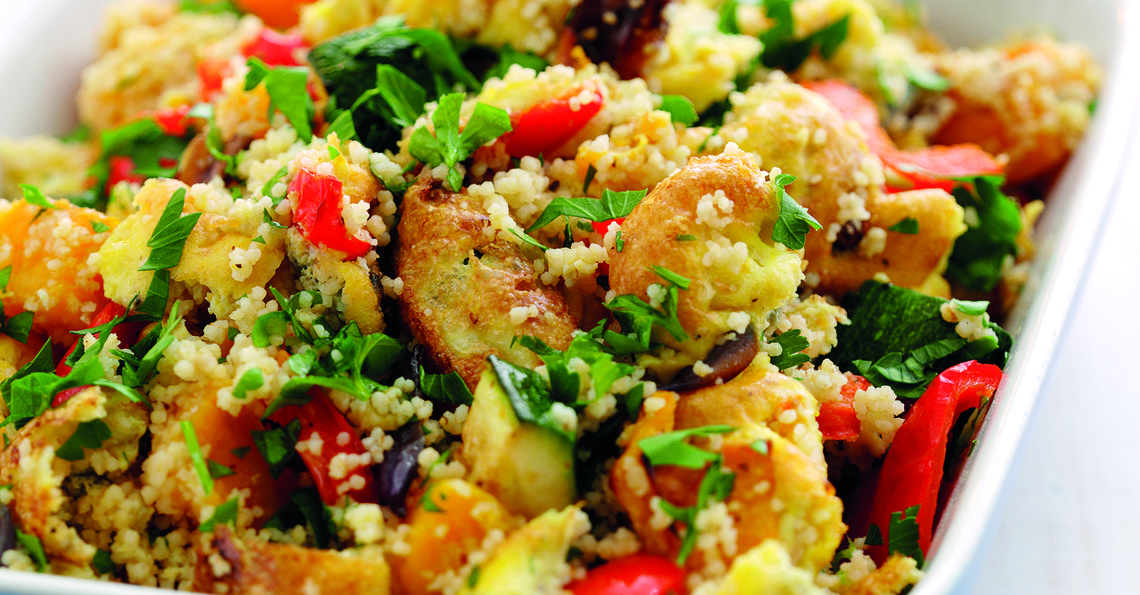Low calorie herby couscous with roasted veg and egg