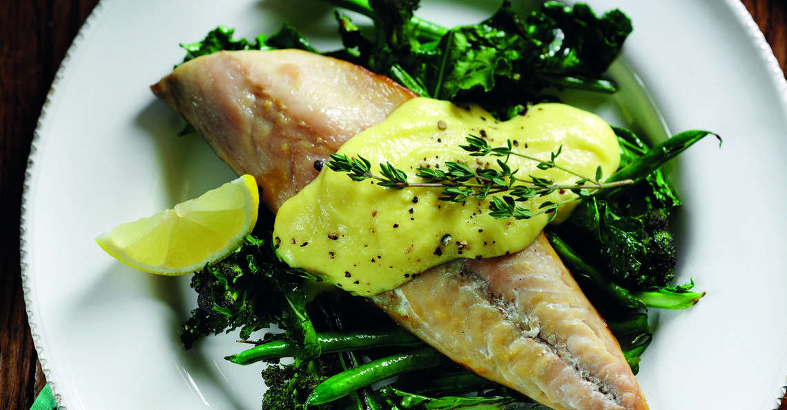 Mackerel with broccoli and special scrambled eggs