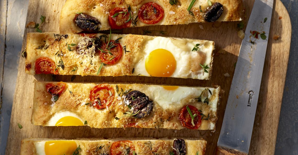 Breakfast focaccia baked with eggs