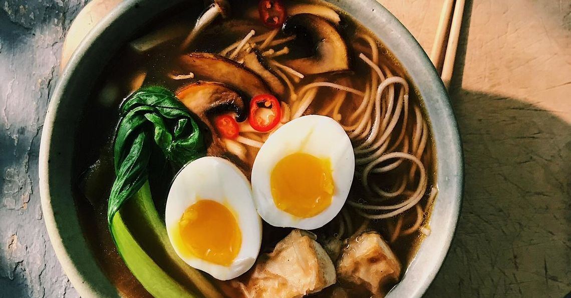 Miso mushroom ramen with soft boiled egg
