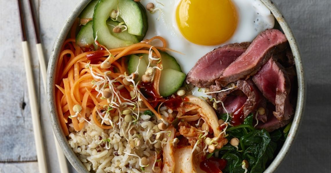 Bimbimbap with fried egg and gochujang sauce