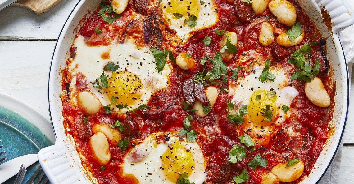 Baked eggs with chorizo and butterbeans