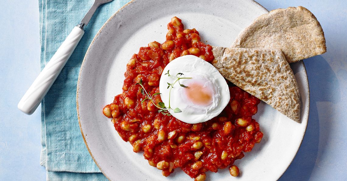 baked bean and poached egg pittas