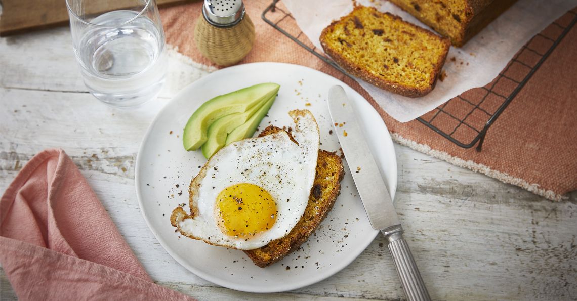 Pumpkin loaf with eggs and avocado