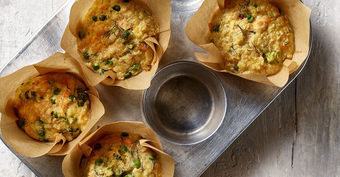 Salmon, pea and broccoli egg muffins