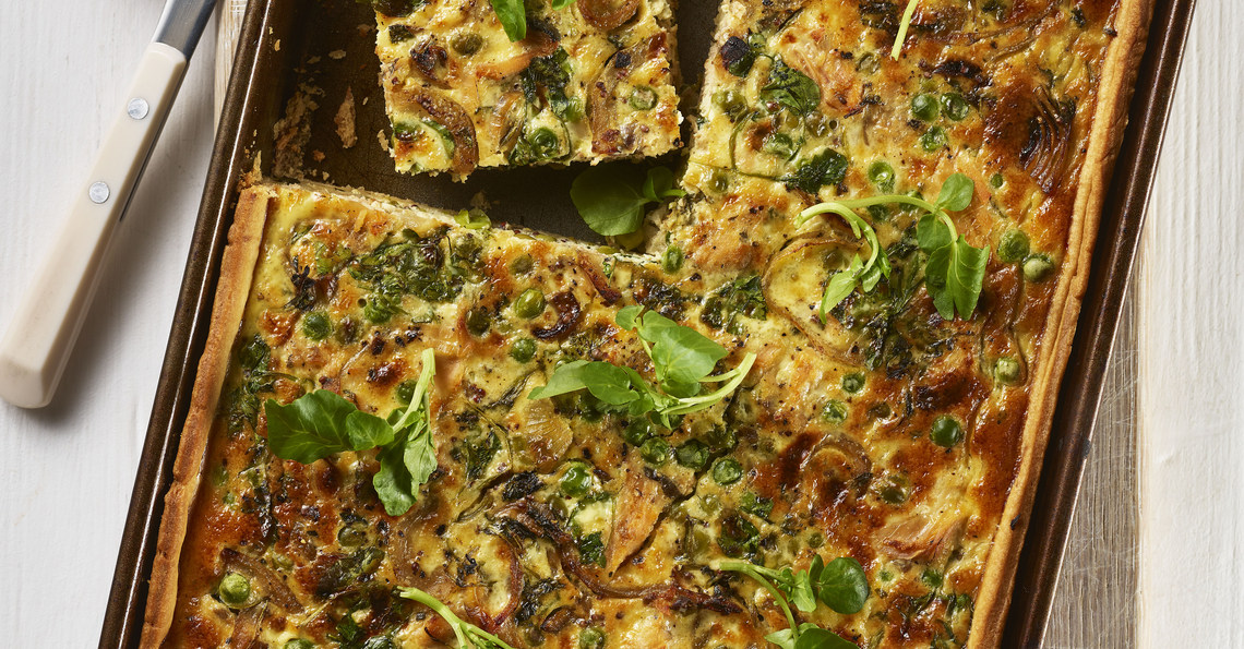 Salmon, watercress and pea quiche