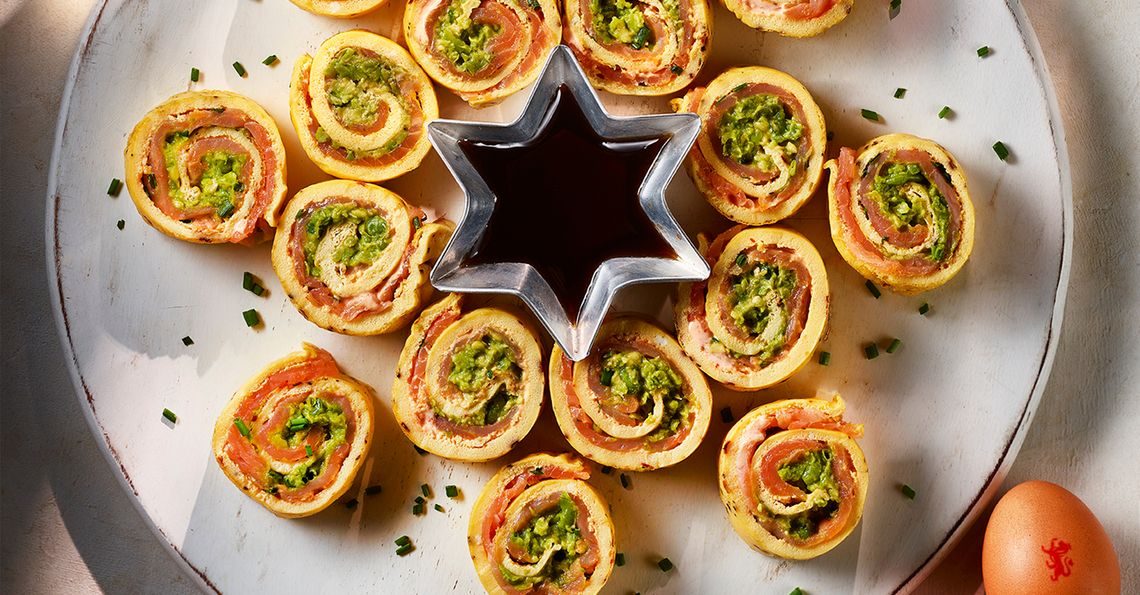 Salmon, pea and avocado egg rolls