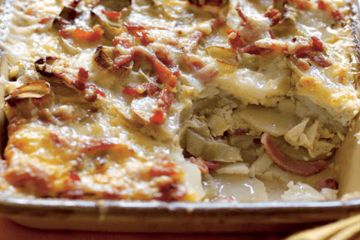 Layered potatoes with leeks and bacon