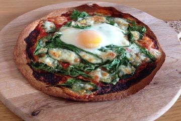 Spinach and egg tortilla pizza