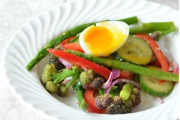Soft boiled egg and seasonal vegetable salad