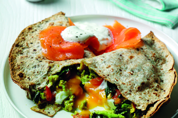 Avocado and egg quesadilla with salmon