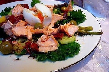 Poached salmon salad with soft boiled eggs