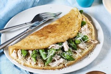 Fluffy omelette with chicken, asparagus and Parmesan