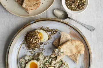 Aubergine yoghurt with spice-crusted eggs