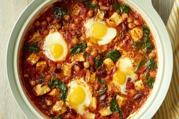 The Chiappas' halloumi, bean and egg hot pot