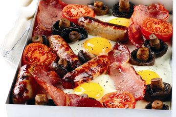 Baked breakfast with tomato and mushroom