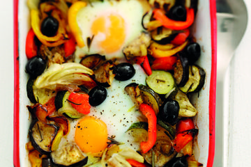 Low calorie baked eggs with roasted Mediterranean vegetables