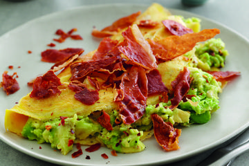 Avocado and crispy prosciutto omelette