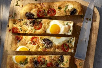 Breakfast focaccia baked with eggs