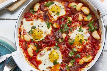 Baked eggs with chorizo and butterbeans