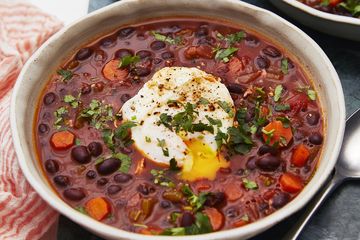 Black bean soup with poached egg