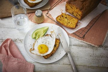 Pumpkin loaf with eggs and avocado