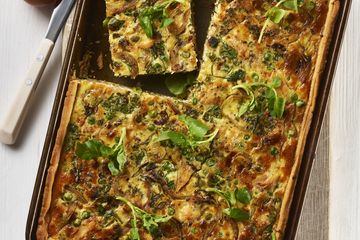 Salmon, watercress and pea quiche