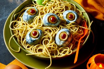 Spooky Egg eyeballs pesto pasta